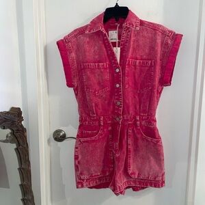 NWT Blank NYC XS Icicle Strawberry Pink Rose cotton Jean S/S Romper Jumpsuit